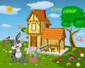 Easter greeting card. Composition with a rabbit at a country house with flowers, trees, green grass, butterflies and a basket with